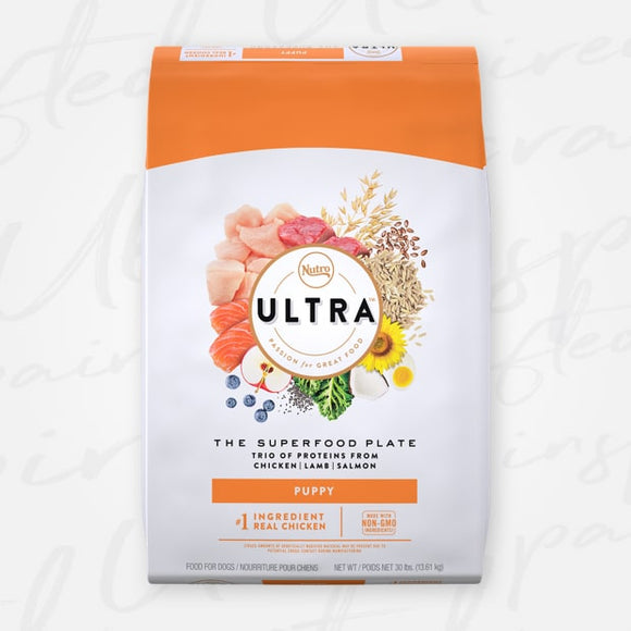 NUTRO ULTRA™ PUPPY, THE SUPERFOOD PLATE WITH A TRIO OF PROTEINS FROM CHICKEN, LAMB AND SALMON