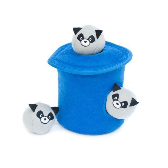 ZippyPaws Zippy Burrow Raccoons in Trash Can with Bubble Babiez Hide and Seek Puzzle Dog Toy