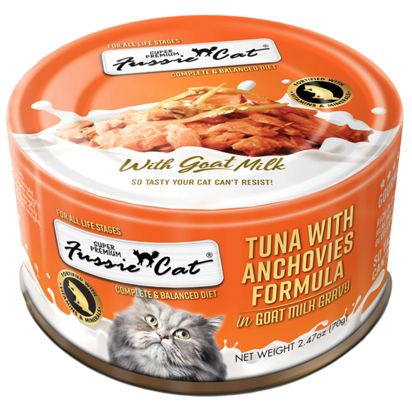 Fussie Cat Tuna with Anchovies Formula in Goat Milk Gravy Canned Food (2.47 oz (70g) cans)