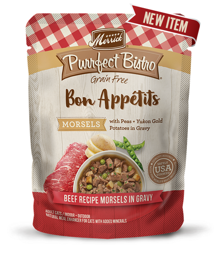 Merrick Purrfect Bistro Bon Appetits Beef Recipe Morsels in Gravy Cat Food 3 oz 24 pack Sunnyside NY Wespaw Pets