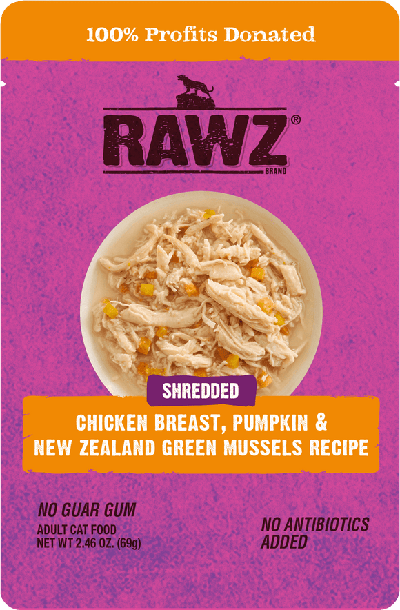 Rawz Shredded Chicken Breast, Pumpkin & New Zealand Green Mussels Cat Food Recipe (2.46 oz)