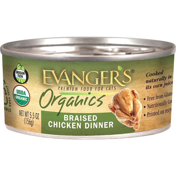 Evanger's Organic Braised Chicken Dinner For Cats (24-5.5oz E-Z open cans)