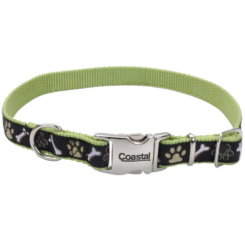 Coastal Pet Products Ribbon Adjustable Dog Collar with Metal Buckle (5/8 x 08-12, Brown Paws and Bones)