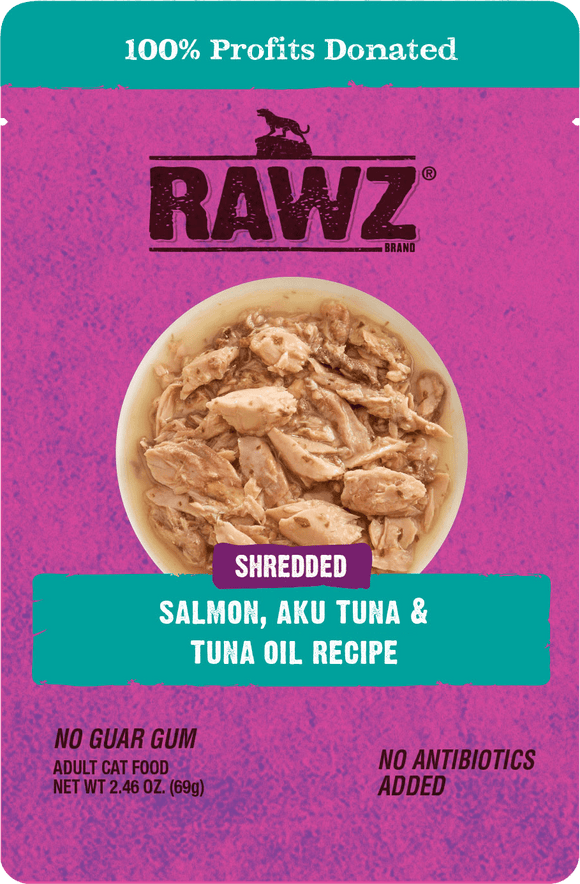 Rawz Shredded Salmon, Aku Tuna & Tuna Oil Cat Wet Food Recipe (2.46 oz. Pouches)